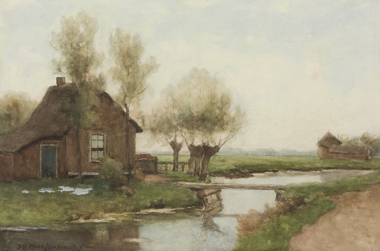 Weissenbruch H.J.  | Hendrik Johannes 'J.H.' Weissenbruch, Polderlandschap met boerderij, aquarel op papier 34,8 x 52,6 cm, gesigneerd linksonder