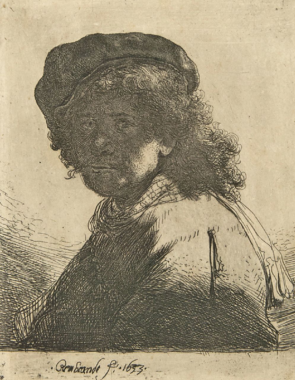 Rembrandt (Rembrandt Harmensz. van Rijn)   | Rembrandt (Rembrandt Harmensz. van Rijn), Zelfportret met baret en halsdoek, ets op papier 13,2 x 10,3 cm, gesigneerd middenonder in de plaat en gedateerd 1633 in de plaat