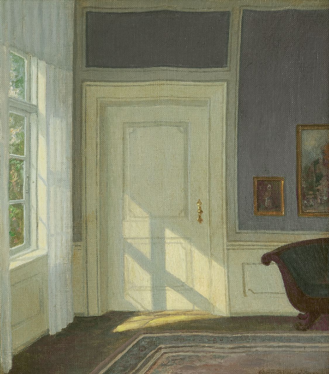 Henriksen W.  | William Henriksen, Interieur met zonlicht, olieverf op doek 33,7 x 30,1 cm, gesigneerd rechtsonder