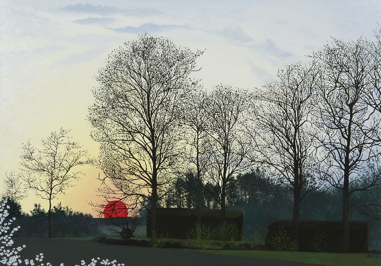 Goubitz A.  | 'Ali' Alida Goubitz, De Buissche Heide bij zonsondergang, olieverf op paneel 50,0 x 70,0 cm, gesigneerd rechtsonder en gedateerd '66