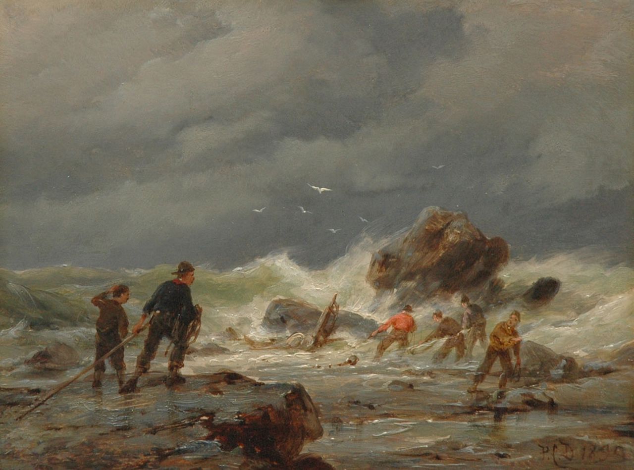 Dommershuijzen P.C.  | Pieter Cornelis Dommershuijzen, Het bergen van het wrak, olieverf op paneel 15,2 x 20,2 cm, gesigneerd rechtsonder met initialen en gedateerd 1895