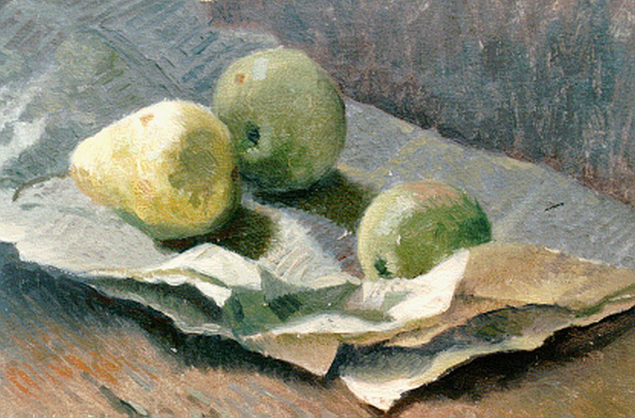 Schotel A.P.  | Anthonie Pieter Schotel, Stilleven met twee appels en peer op een krant, olieverf op doek op paneel 23,4 x 32,8 cm, gesigneerd linksonder