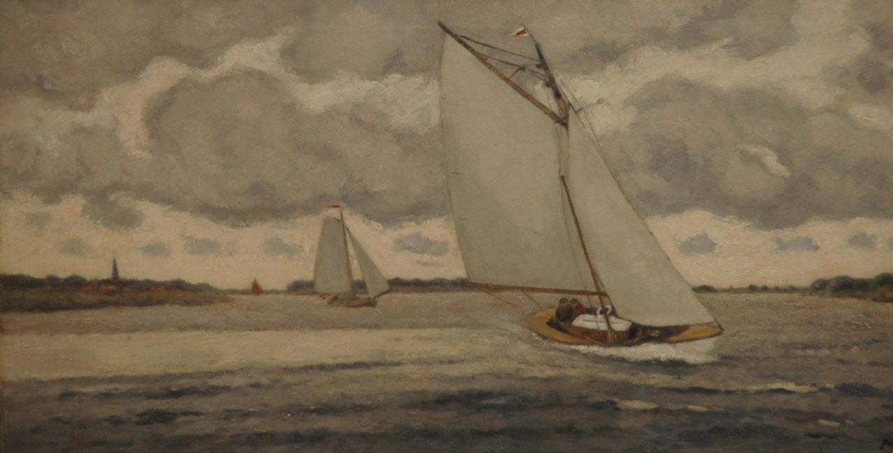 Regt P. de | Pieter 'Piet' de Regt, Zeilschepen op een Hollandse plas, olieverf op doek 40,2 x 80,5 cm, gesigneerd rechtsonder