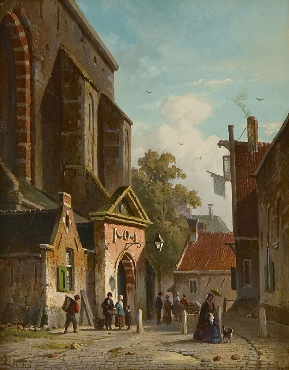 Eversen A.  | Adrianus Eversen, De zuidingang van de Waalse Kerk, Haarlem, olieverf op paneel 19,2 x 15,2 cm, gesigneerd linksonder voluit en met monogram