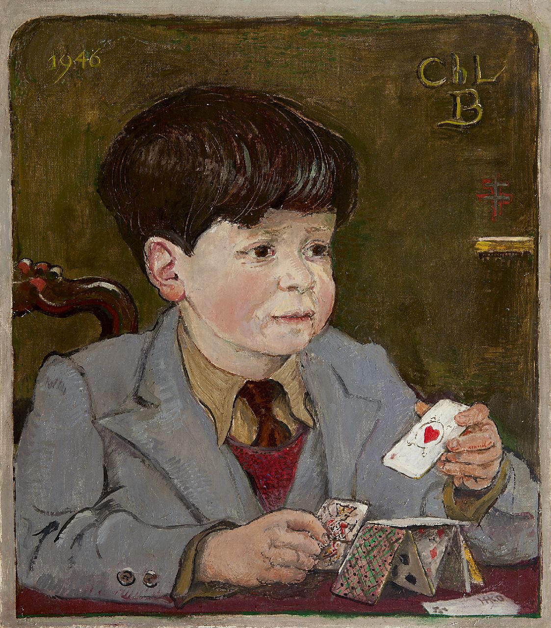 Kamerlingh Onnes H.H.  | 'Harm' Henrick Kamerlingh Onnes | Schilderijen te koop aangeboden | Kind met speelkaarten, olieverf op doek 45,8 x 40,6 cm, gesigneerd rechtsonder met monogram en gedateerd 1946
