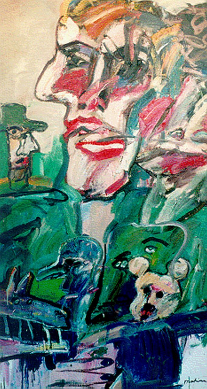 Martineau A.P.J.  | 'Anton' Pieter Johan Martineau | Schilderijen te koop aangeboden | Jonge vrouw met troeteldieren, olieverf op doek 180,5 x 100,5 cm, gesigneerd rechtsonder en gedateerd 1987