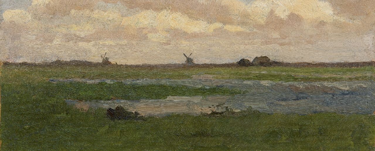 Gabriel P.J.C.  | Paul Joseph Constantin 'Constan(t)' Gabriel, Polderlandschap met molens in de verte, olieverf op doek op paneel 16,0 x 38,0 cm