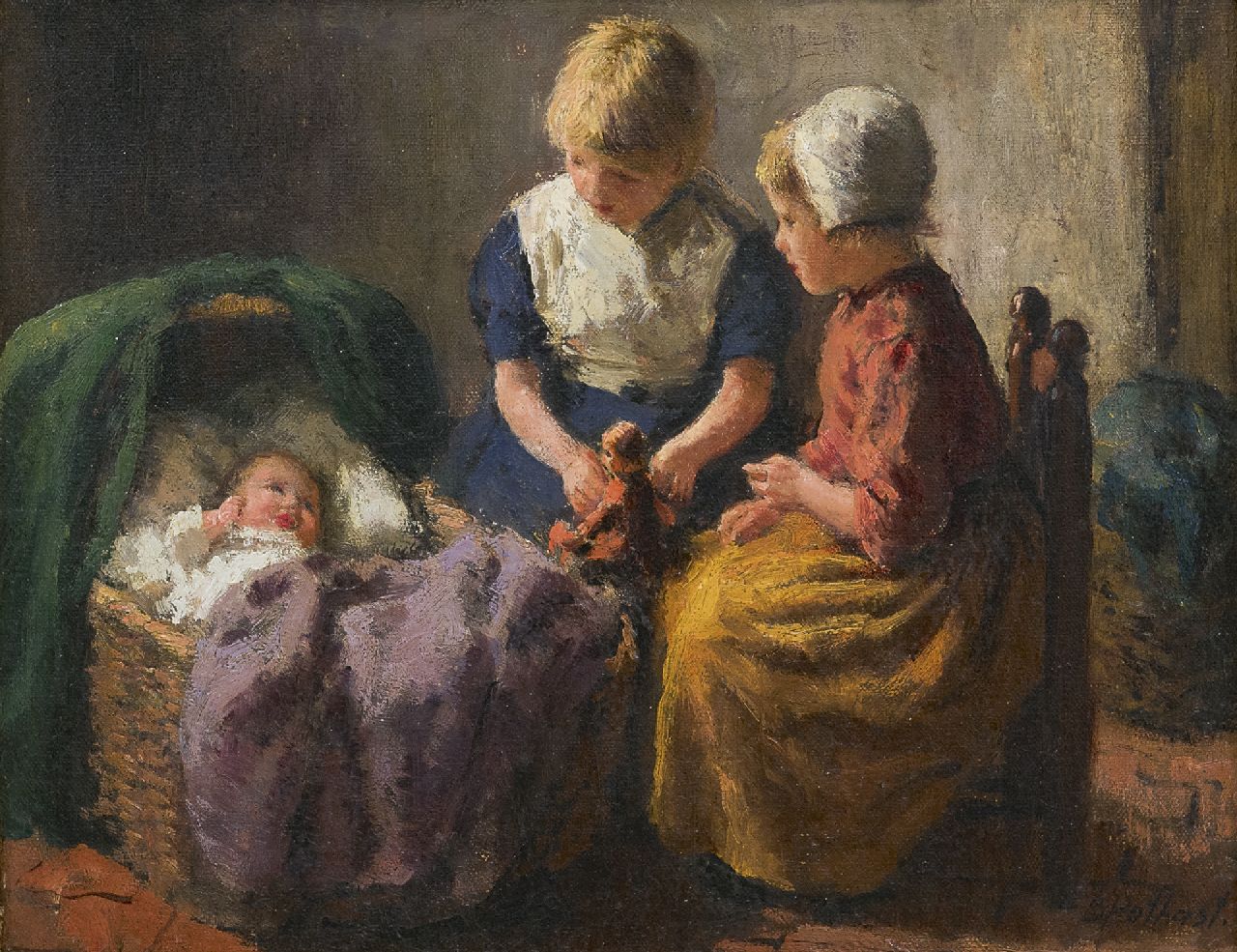 Pothast B.J.C.  | 'Bernard' Jean Corneille Pothast, Bij de nieuwe baby, olieverf op doek 20,4 x 25,7 cm, gesigneerd rechtsonder