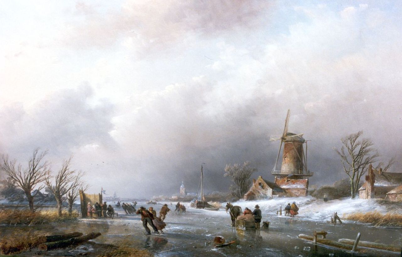 Spohler J.J.  | Jan Jacob Spohler, Schaatsers en koek-en-zopie in winters landschap, olieverf op paneel 41,6 x 62,0 cm, gesigneerd rechtsonder