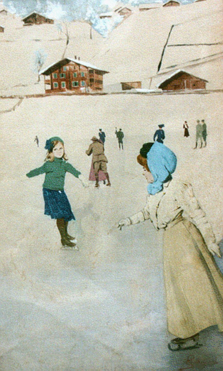 Pellegrini C.  | Carlo Pellegrini, Schaatsers op een Zwitsers meer, aquarel en gouache op papier 46,5 x 29,0 cm, gesigneerd rechtsonder