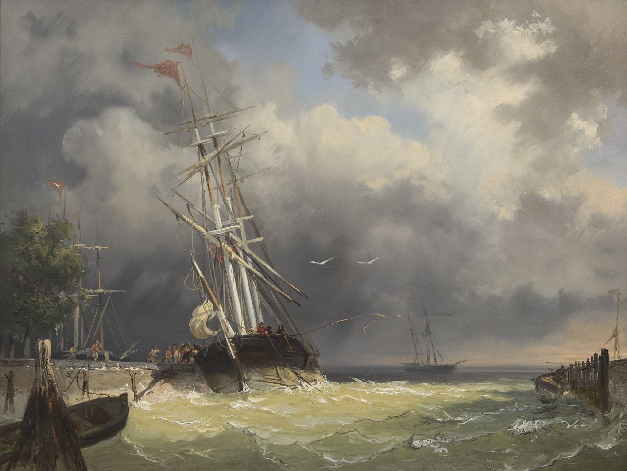 Frans Arnold Breuhaus de Groot | Binnenvarende driemaster bij storm, olieverf op paneel, 44,4 x 59,5 cm