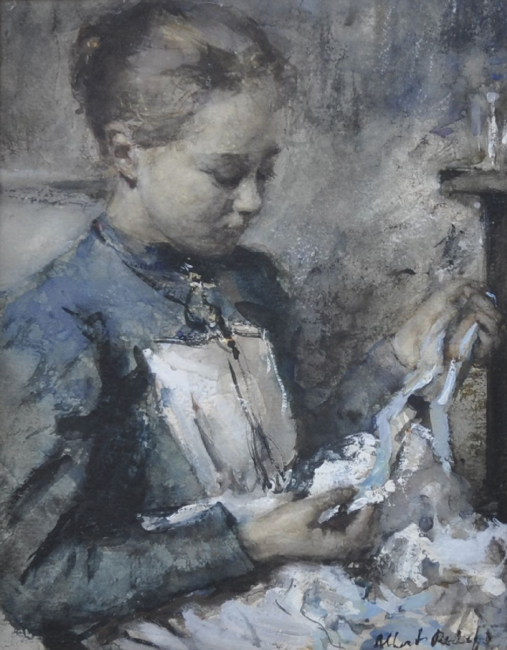 Roelofs O.W.A.  | Otto Willem Albertus 'Albert' Roelofs, Dienstmeisje met blauw lint, aquarel op papier 20,8 x 15,6 cm, gesigneerd rechtsonder en te dateren 1901