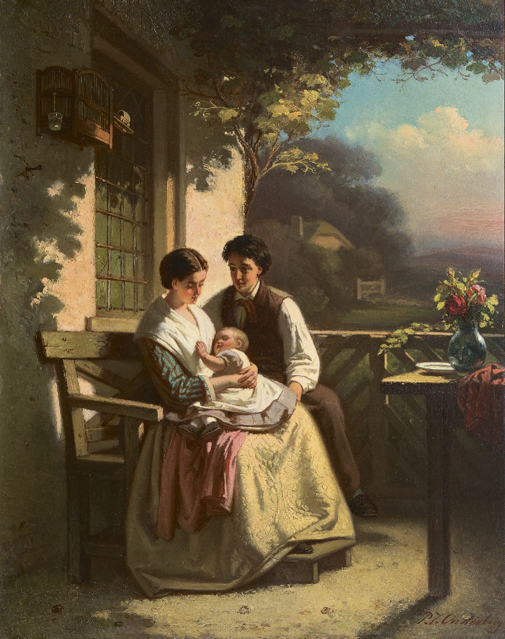 Pieter Jan Onderberg | Jong gezin op een waranda, olieverf op paneel, 42,0 x 33,1 cm, gesigneerd r.o.