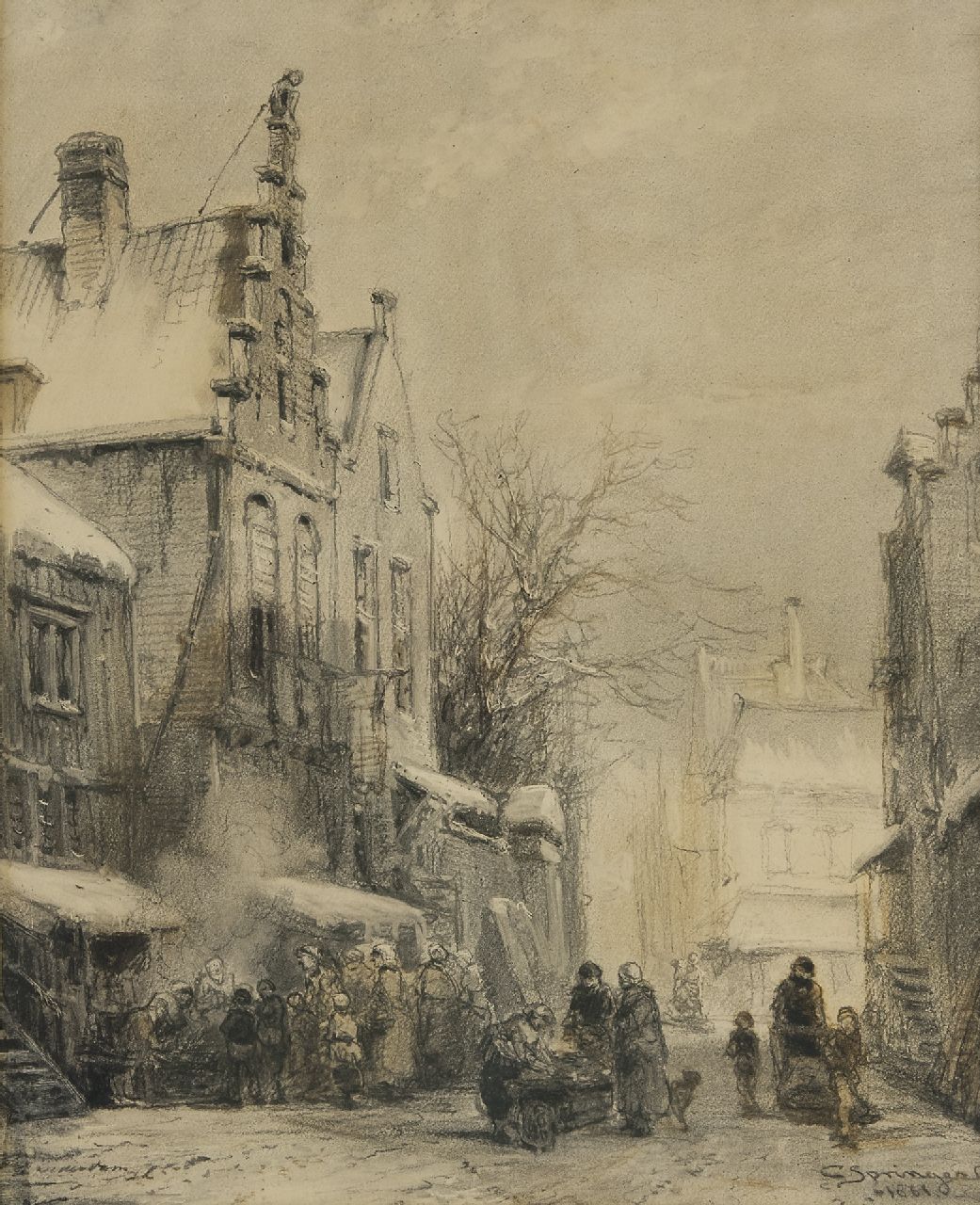 Springer C.  | Cornelis Springer, Winters straatje met figuren, houtskool op papier 50,5 x 40,0 cm, gesigneerd rechtsonder en gedateerd 1861