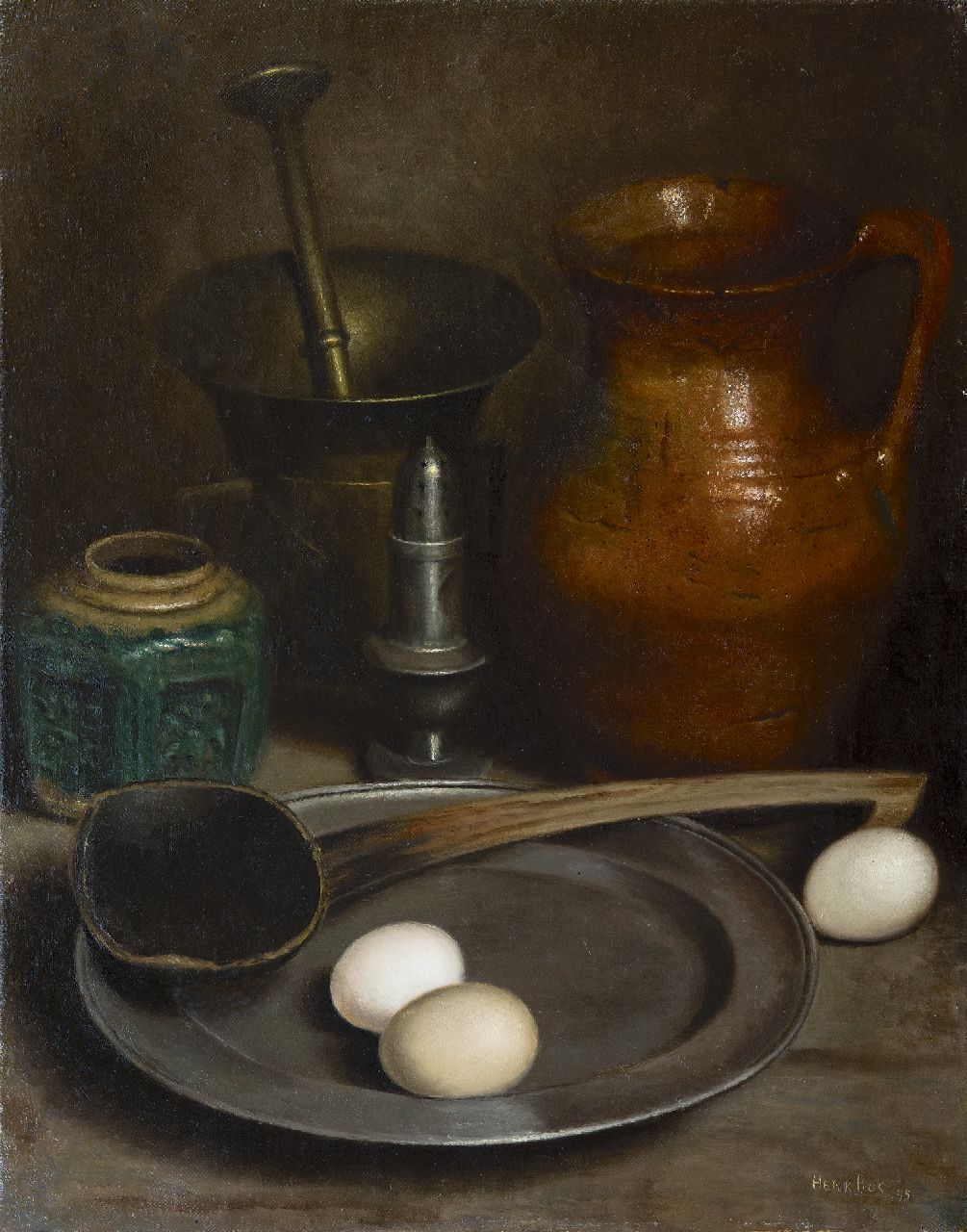 Bos H.  | Hendrik 'Henk' Bos, Stilleven met tin en aardewerk, olieverf op doek 51,8 x 41,0 cm, gesigneerd rechtsonder en gedateerd '45