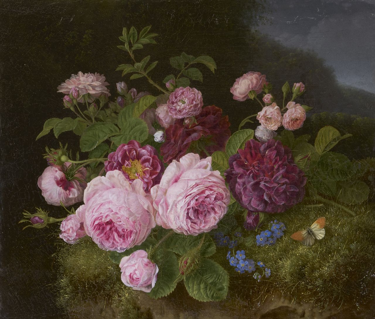 Henriëtte Knip | Boeket rozen op de bosgrond, olieverf op doek, 36,3 x 42,7 cm