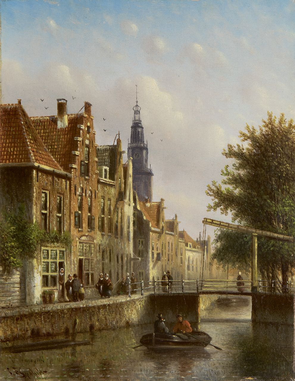Spohler J.F.  | Johannes Franciscus Spohler, Fantasiegezicht van de Amsterdamse Raamgracht met de Zuiderkerk, olieverf op paneel 20,4 x 15,8 cm, gesigneerd linksonder