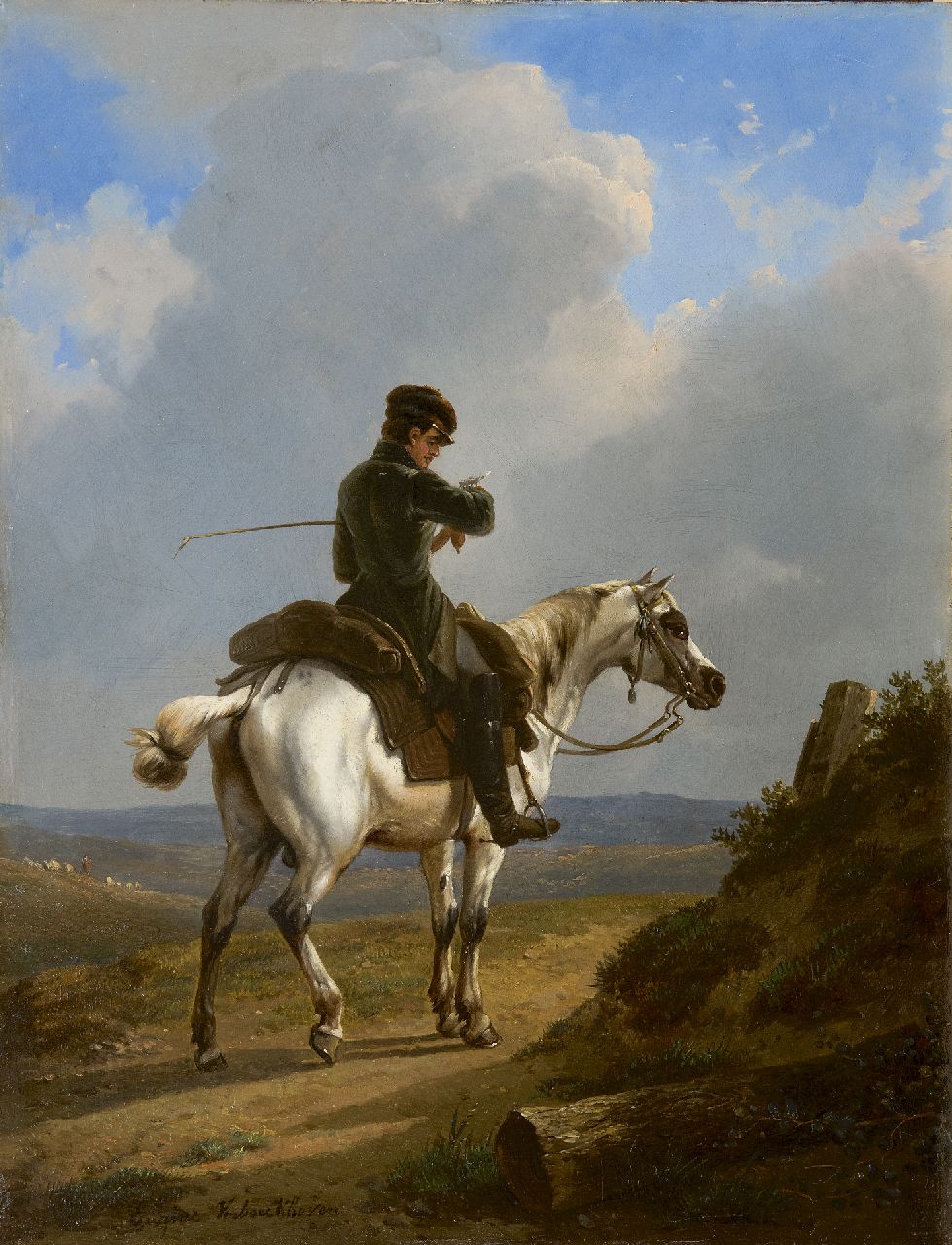 Verboeckhoven E.J.  | Eugène Joseph Verboeckhoven, Jonge jager te paard, olieverf op paneel 34,0 x 26,0 cm, gesigneerd linksonder