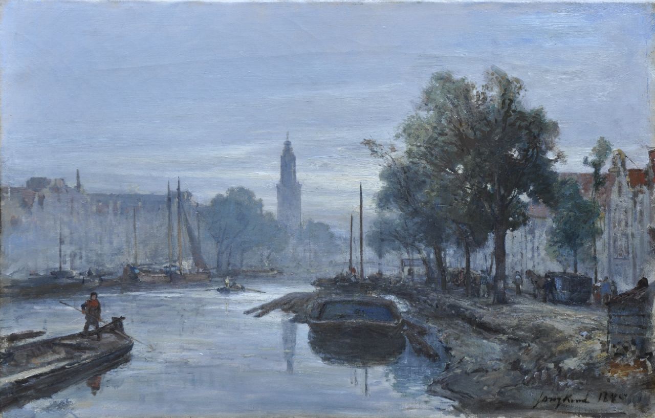 Jongkind J.B.  | Johan Barthold Jongkind, Gezicht op Amsterdams stadswater ('Oudeschans'), olieverf op doek 26,5 x 43,5 cm, gesigneerd rechtsonder en gedateerd 1885