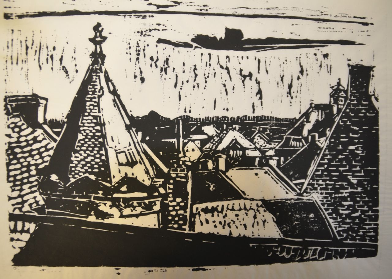 Kruyder H.J.  | 'Herman' Justus Kruyder | Grafiek te koop aangeboden | Gezicht op daken, Zuid-Limburg, druk op papier 16,3 x 22,5 cm