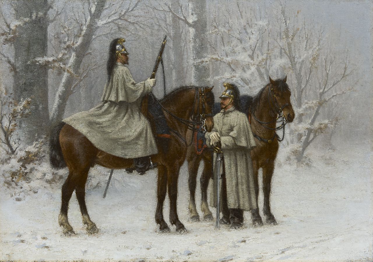 Verschuur jr. W.  | Wouter Verschuur jr., Cavaleristen in winters boslandschap, olieverf op doek 41,5 x 58,3 cm, gesigneerd links van het midden