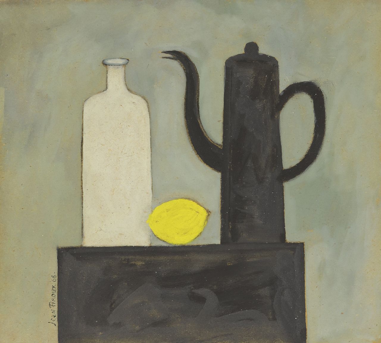 Jean Firoux | Stilleven met theepot, fles en citroen, krijt en gouache op board, 31,0 x 34,4 cm, gesigneerd l.o. en gedateerd '66