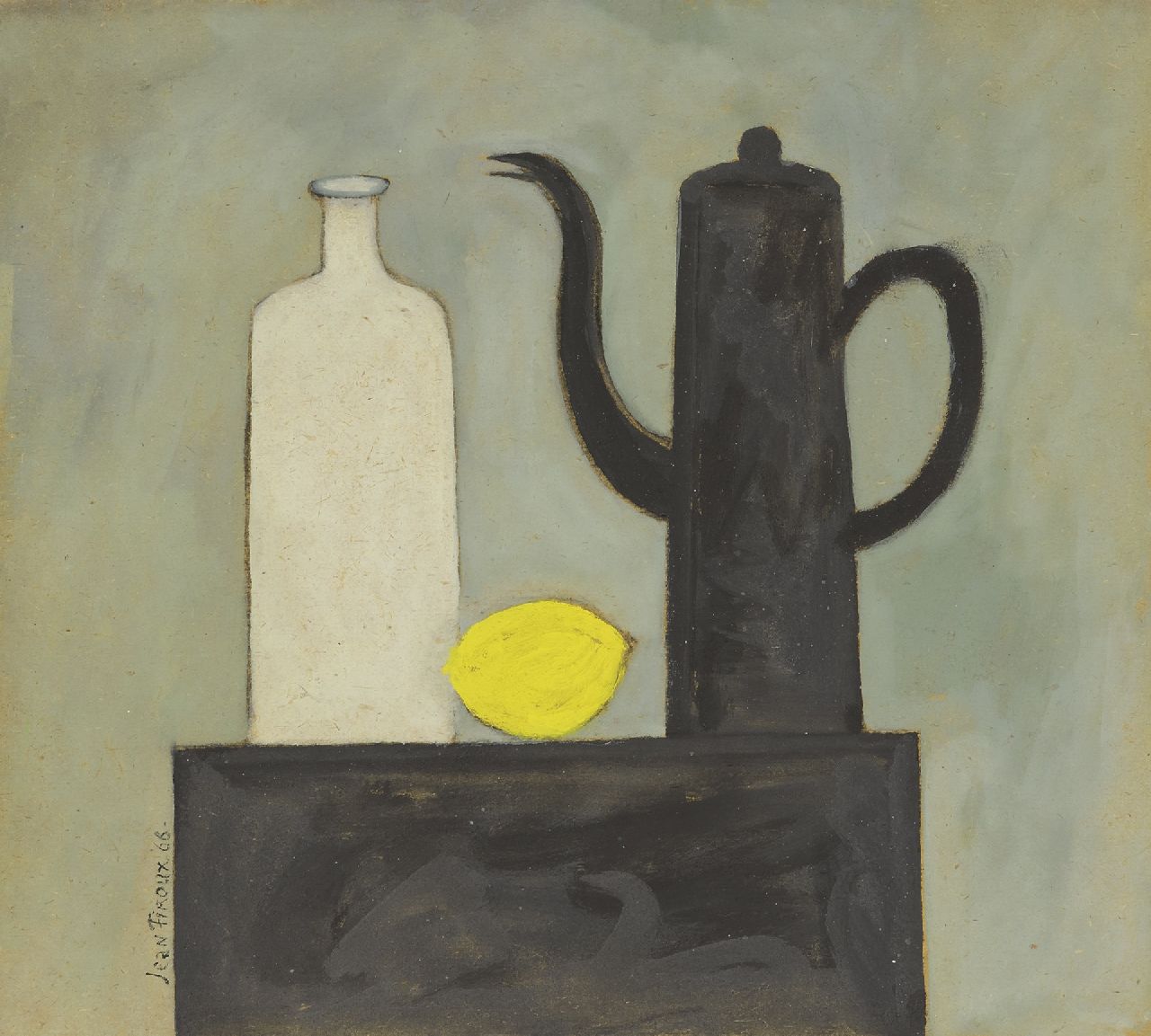 Jean Firoux | Stilleven met theepot, fles en citroen, krijt en gouache op board, 31,0 x 34,4 cm, gesigneerd l.o. en gedateerd '66