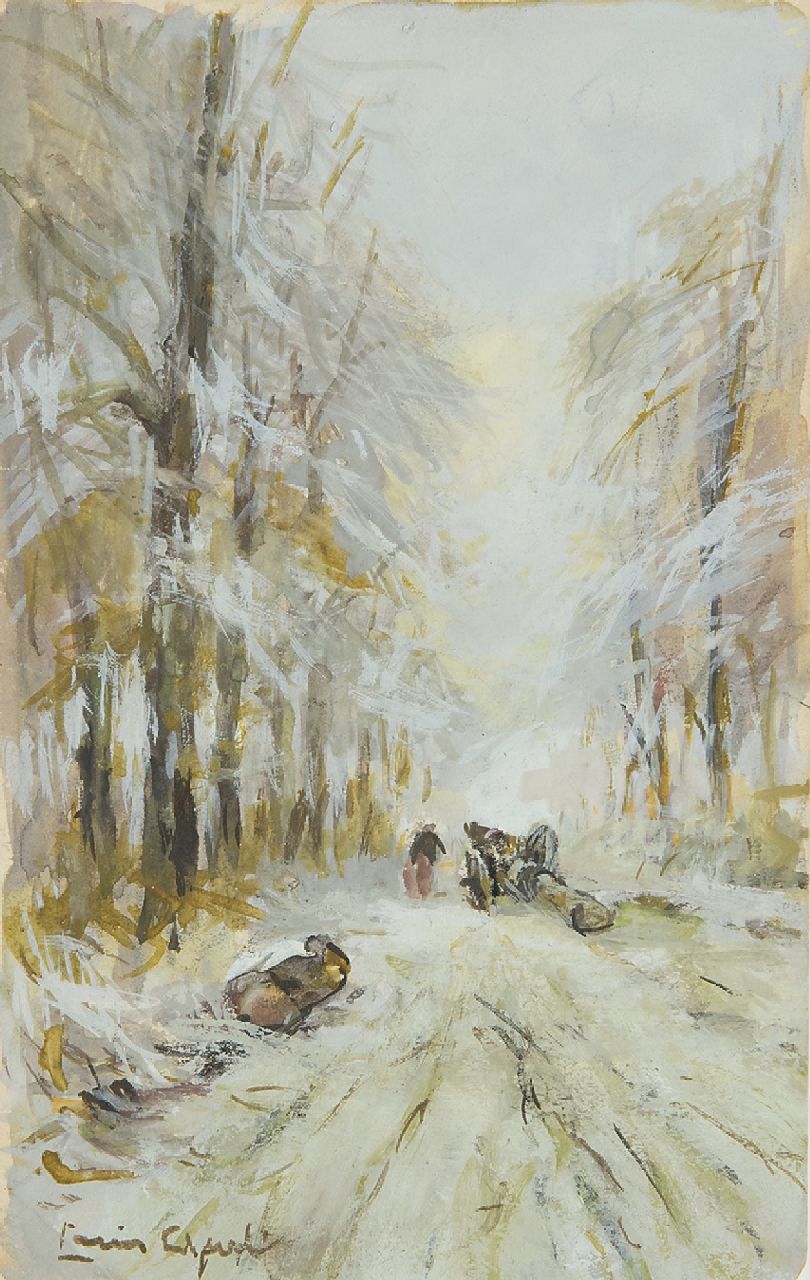 Apol L.F.H.  | Lodewijk Franciscus Hendrik 'Louis' Apol, Mallejan op een besneeuwd bospad, gouache op papier 16,9 x 10,5 cm, gesigneerd linksonder