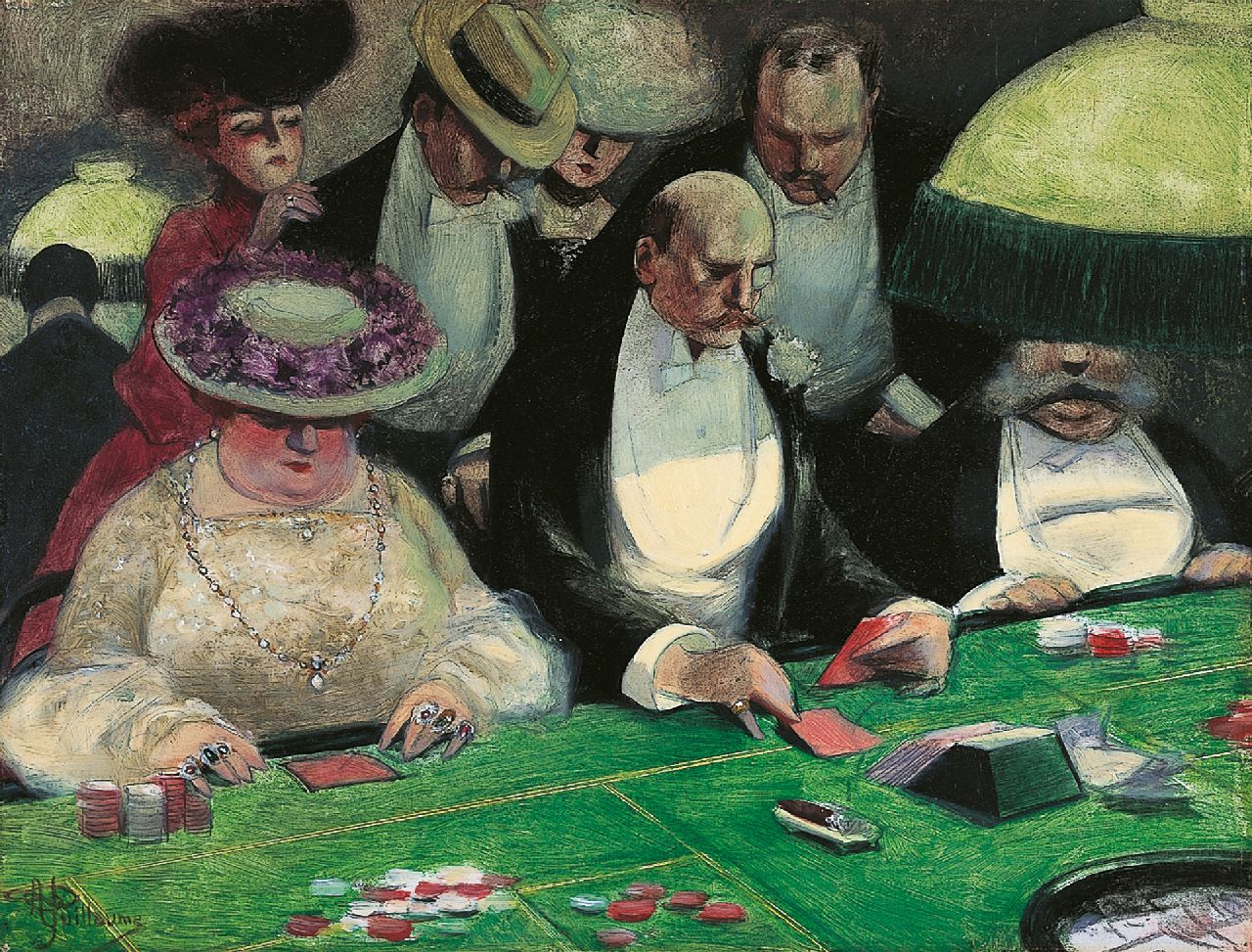 Albert Guillaume | Hoog spel aan de Baccarattafel, pen en olieverf op schildersboard, 26,8 x 35,0 cm, gesigneerd l.o.
