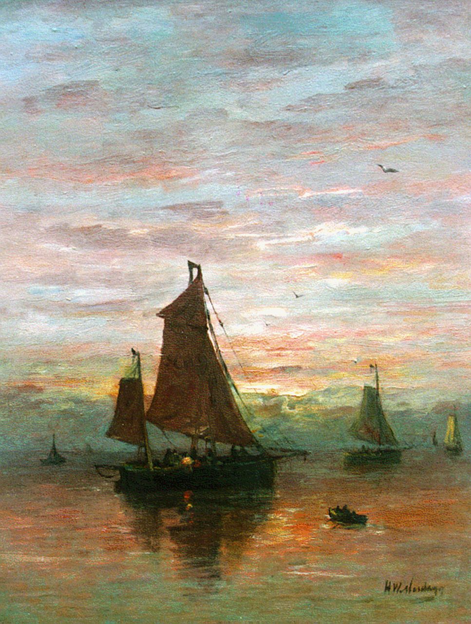 Mesdag H.W.  | Hendrik Willem Mesdag, Schepen voor de kust met roeiboot, olieverf op doek 51,7 x 40,1 cm, gesigneerd rechtsonder