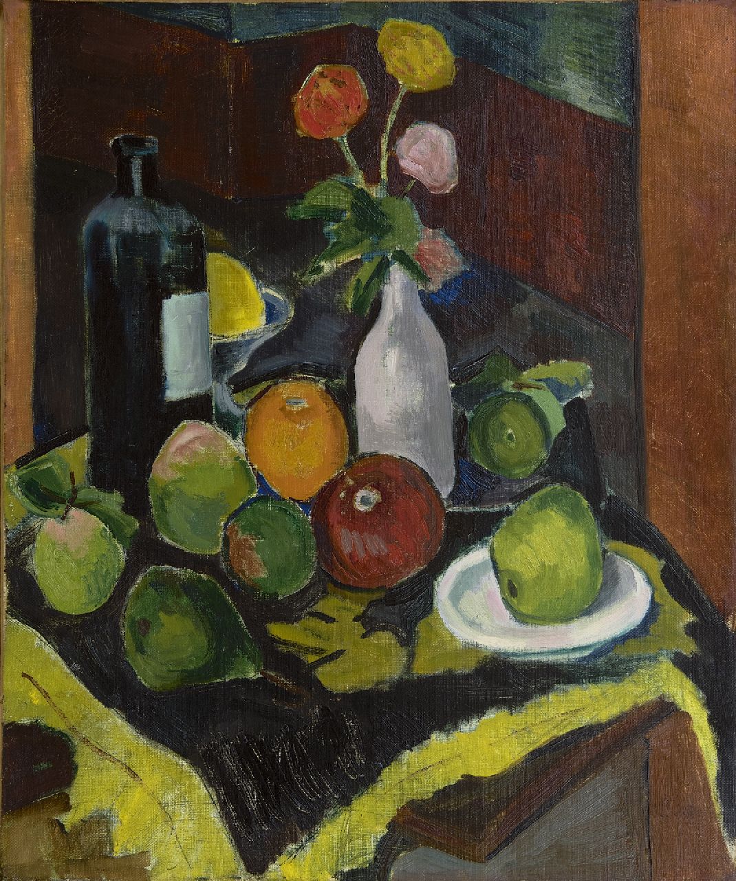 Schelfhout L.  | Lodewijk Schelfhout, Stilleven met fruit, bloemen en fles, olieverf op doek 55,5 x 46,0 cm, gesigneerd rechtsonder en gedateerd 1908