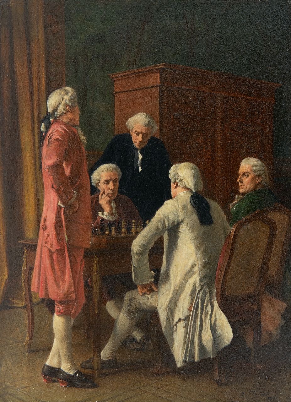 Fichel B.E.  | Benjamin 'Eugène' Fichel | Schilderijen te koop aangeboden | De schaakspelers, olieverf op paneel 21,8 x 16,0 cm, gesigneerd rechtsonder en gedateerd 1887