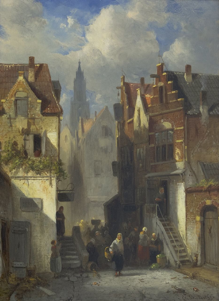 Leickert C.H.J.  | 'Charles' Henri Joseph Leickert, Drukbevolkt Hollands straatje, olieverf op paneel 36,1 x 26,3 cm, gesigneerd rechtsonder en gedateerd '91