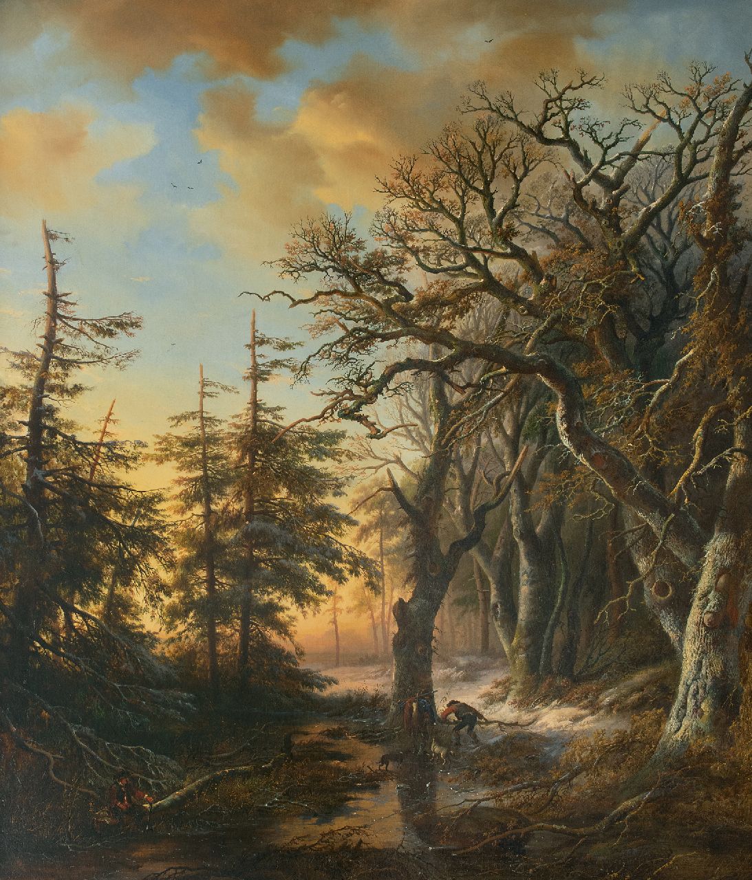 Bodeman W.  | Willem Bodeman, Twee jagers bij een bevroren beek in het bos, olieverf op doek 132,0 x 112,0 cm, gesigneerd linksonder en gedateerd 1847
