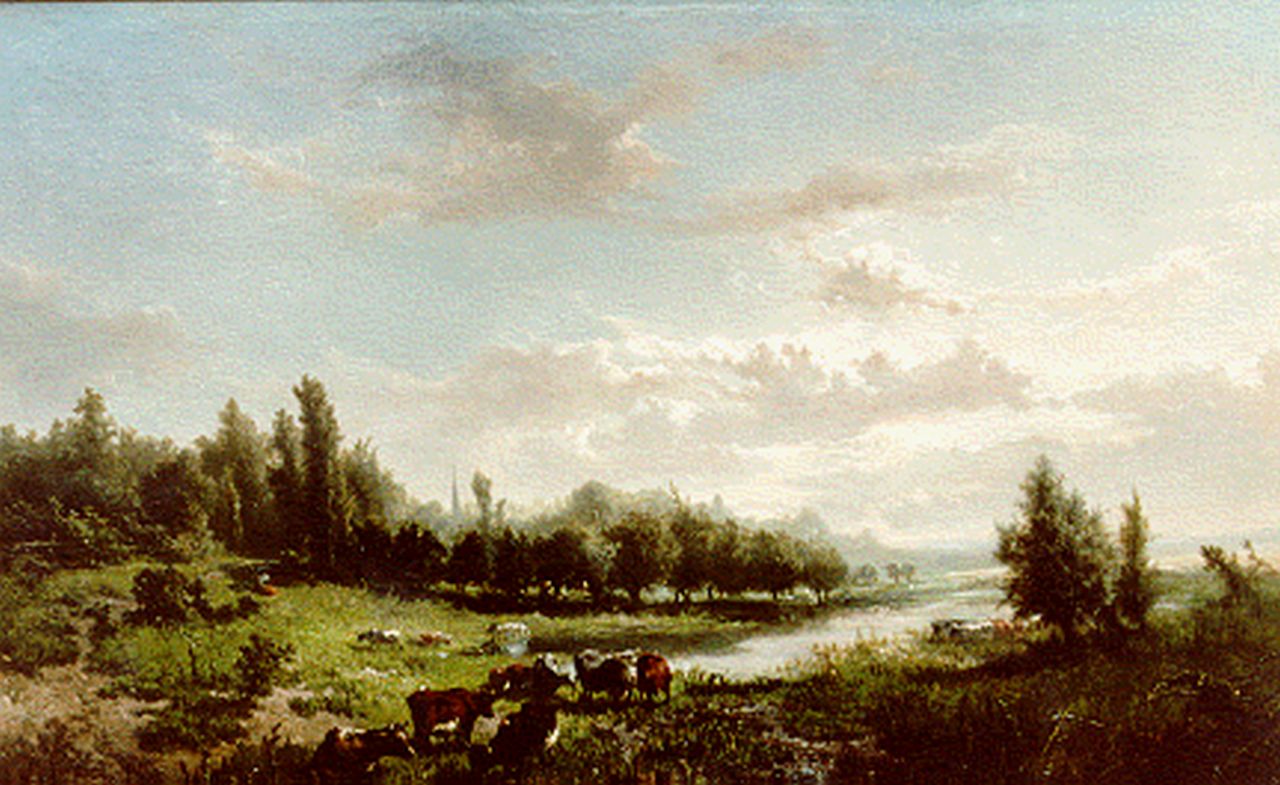 Haas J.H.L. de | Johannes Hubertus Leonardus de Haas, Koeien in de uiterwaarden, olieverf op paneel 46,5 x 71,0 cm, gesigneerd linksonder en gedateerd '55