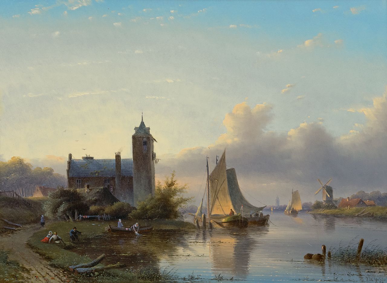 Spohler J.J.C.  | Jacob Jan Coenraad Spohler, Zeilschepen op een zomerse rivier, olieverf op paneel 38,7 x 52,4 cm, gesigneerd rechtsonder en gedateerd '58
