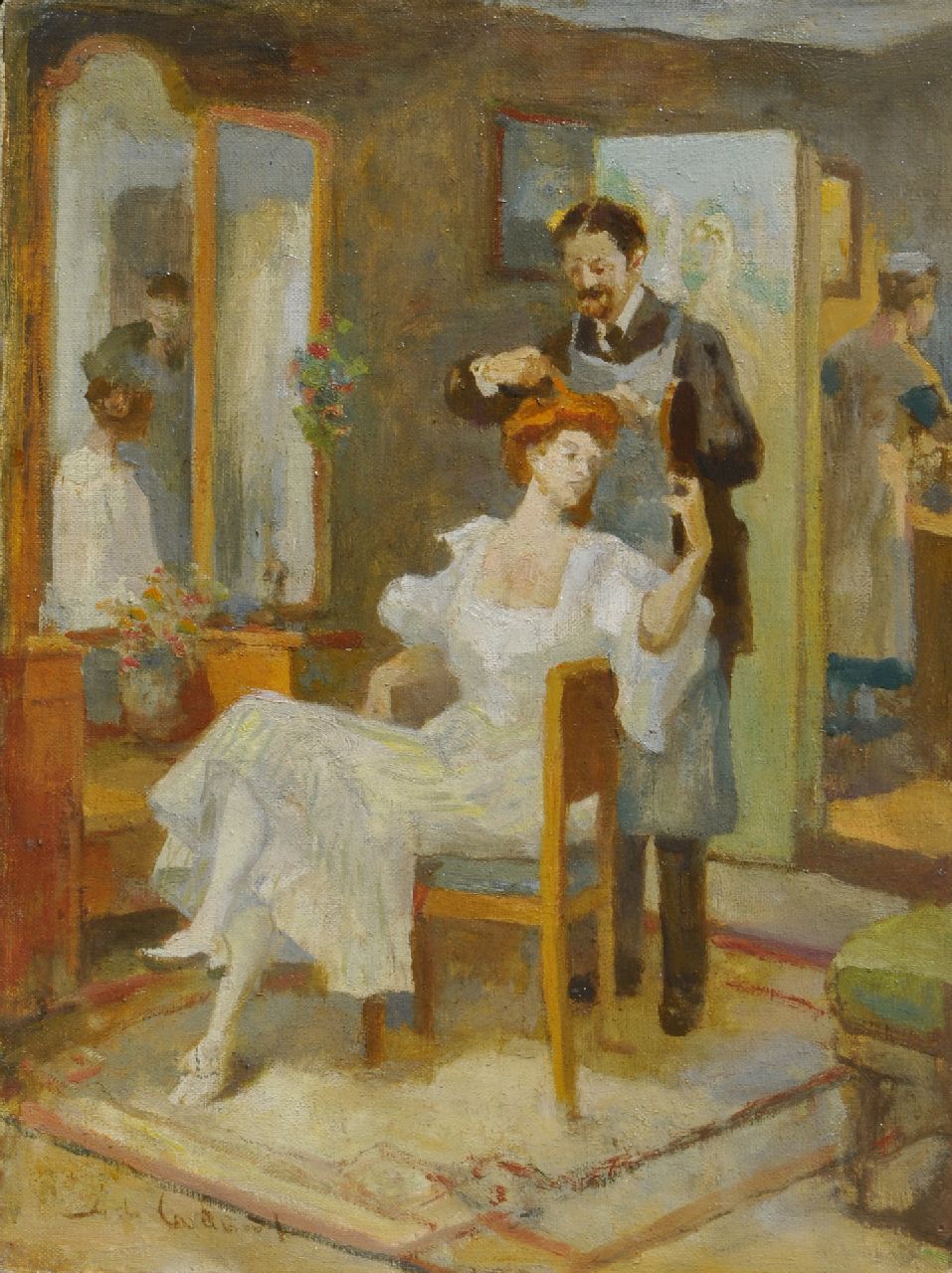 Rivière A.P. de la | Adrianus Philippus 'Adriaan' de la Rivière, Het bezoek van de kapper, olieverf op doek 40,5 x 30,8 cm, gesigneerd linksonder