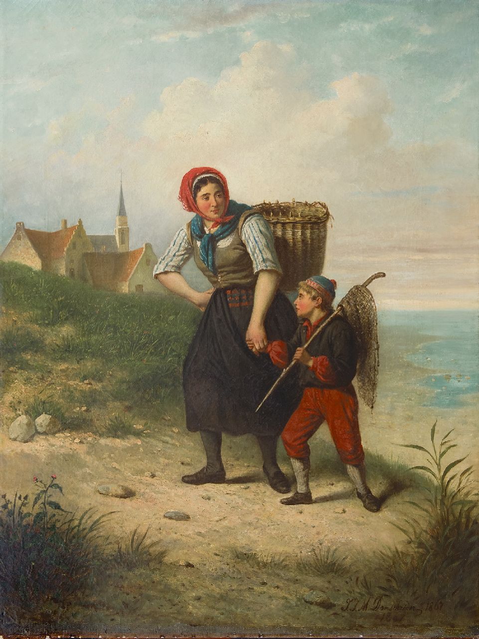 Damschreuder J.J.M.  | Jan Jacobus Matthijs Damschreuder | Schilderijen te koop aangeboden | Vissersvrouw met kind in het duin, olieverf op doek 93,6 x 71,1 cm, gesigneerd rechtsonder en gedateerd 1867