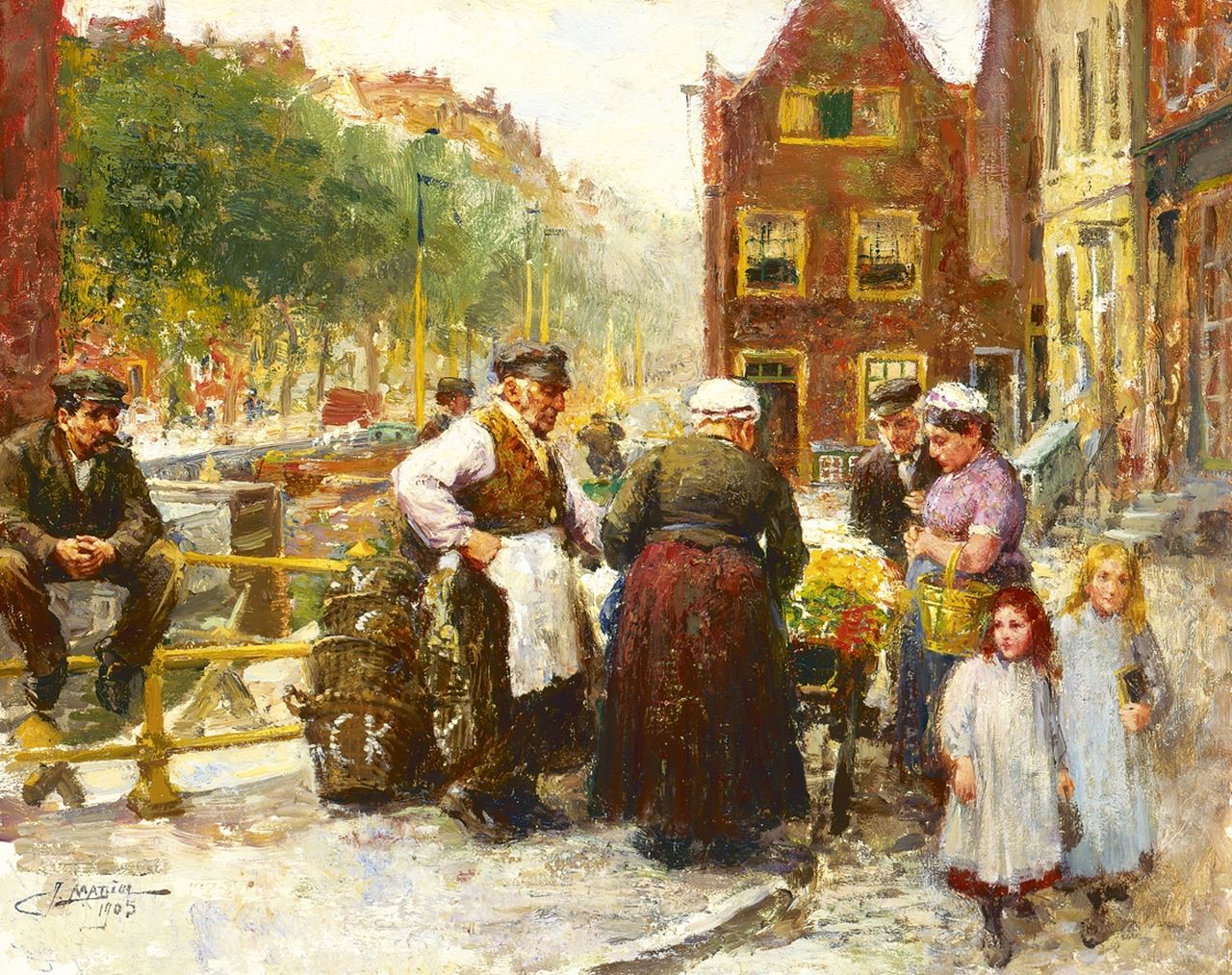 Madiol J.  | Jacob Madiol, Joodse buurt in Amsterdam, olieverf op paneel 36,7 x 46,0 cm, gesigneerd linksonder en gedateerd 1905