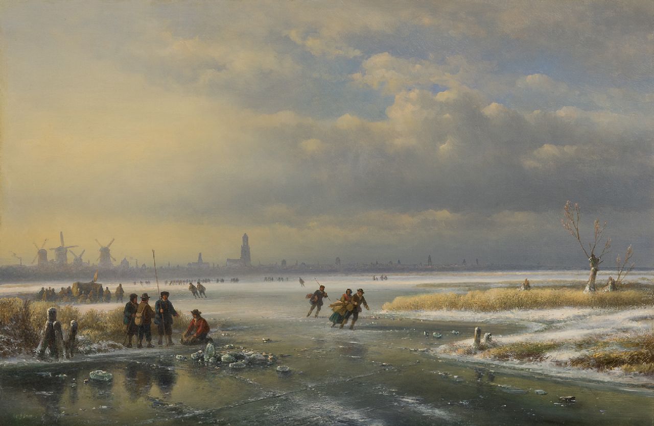 Kleijn L.J.  | Lodewijk Johannes Kleijn, Winterlandschap met ijsvermaak, olieverf op paneel 53,8 x 80,7 cm