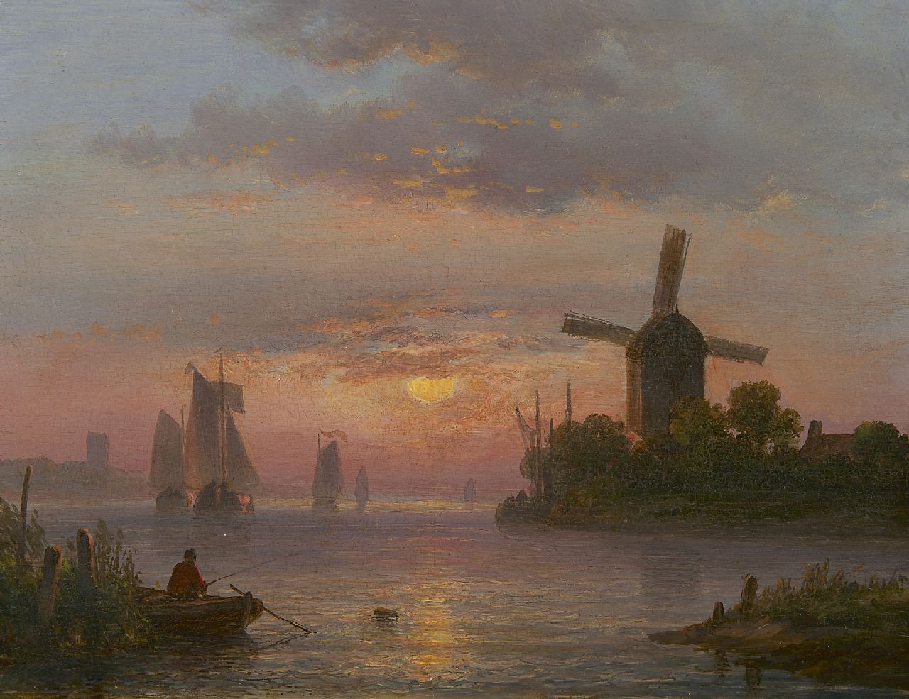 Kleijn L.J.  | Lodewijk Johannes Kleijn, Hollands riviergezicht bij zonsondergang, olieverf op paneel 21,2 x 27,4 cm