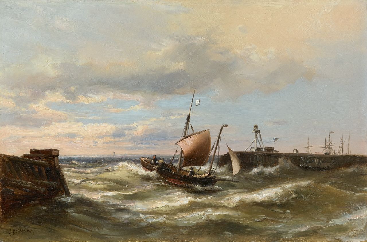 Koekkoek jr. H.  | Hermanus Koekkoek jr., Het binnenvaren van de haven bij een stevige bries, olieverf op paneel 30,3 x 45,7 cm, gesigneerd linksonder