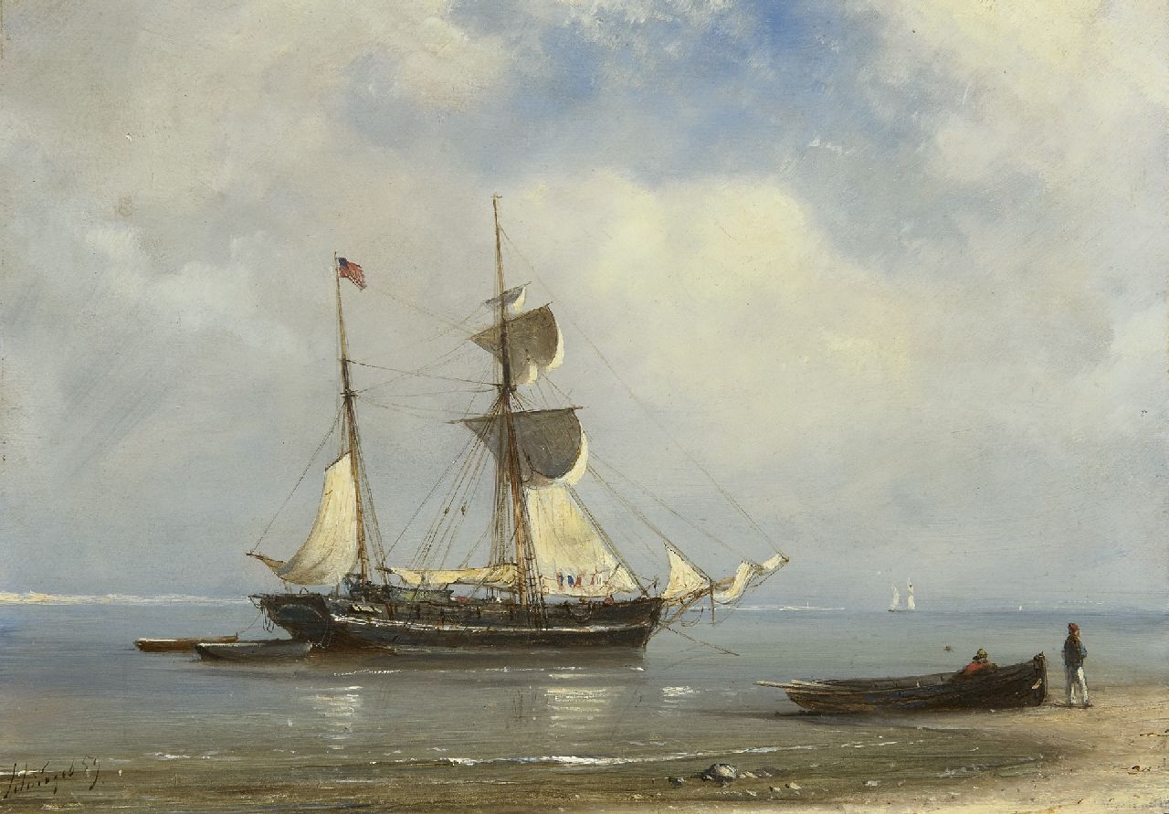Schiedges P.P.  | Petrus Paulus Schiedges | Schilderijen te koop aangeboden | Schoenerbrik voor anker op kalme zee, olieverf op paneel 24,6 x 34,1 cm, gesigneerd linksonder en gedateerd '59