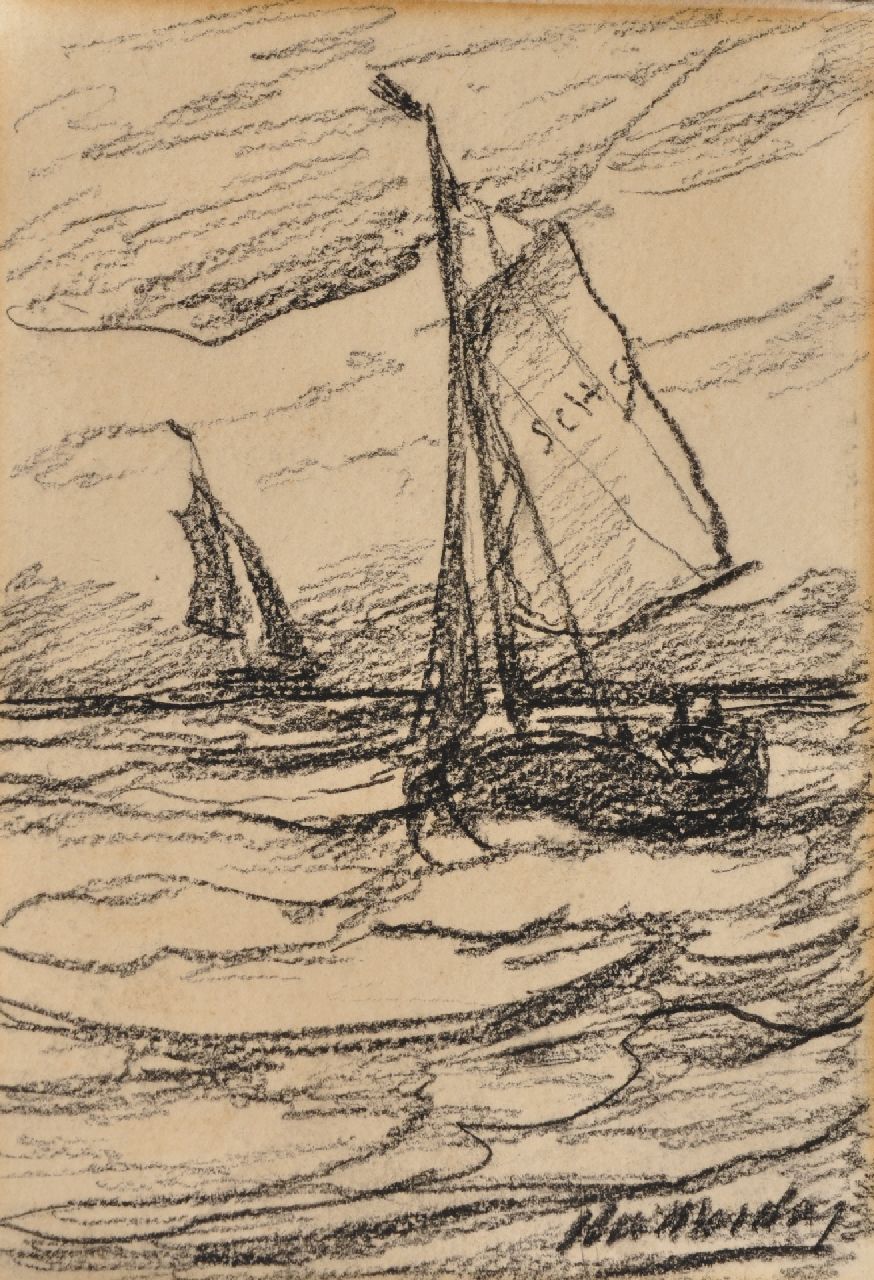 Mesdag H.W.  | Hendrik Willem Mesdag, Bomschuiten op zee, houtskool op papier 19,5 x 13,5 cm, gesigneerd rechtsonder