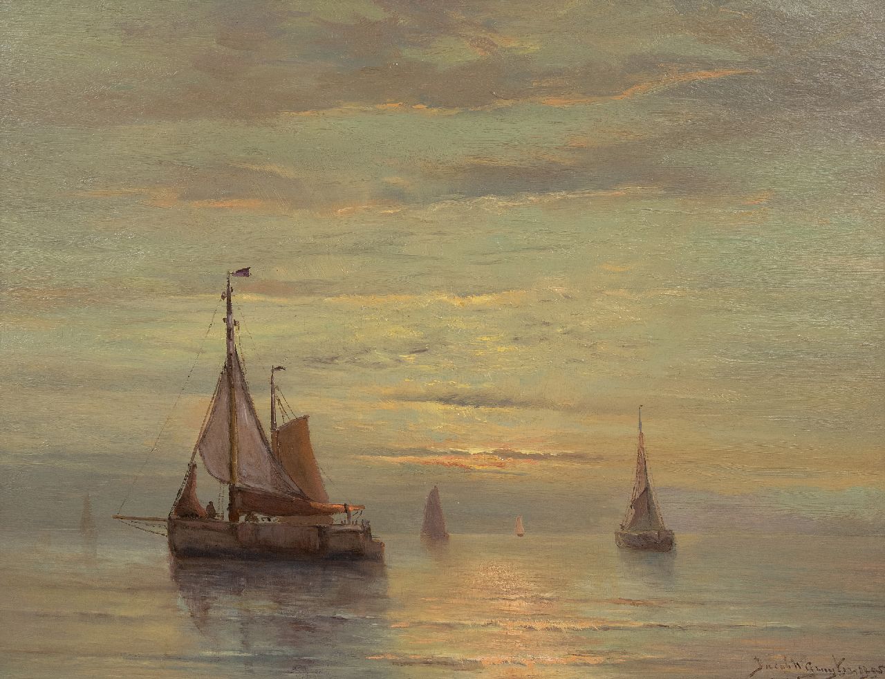 Jacob Willem Gruijter | Schepen op kalme zee bij zonsondergang, olieverf op paneel, 50,4 x 65,0 cm, gesigneerd r.o. en gedateerd 1905