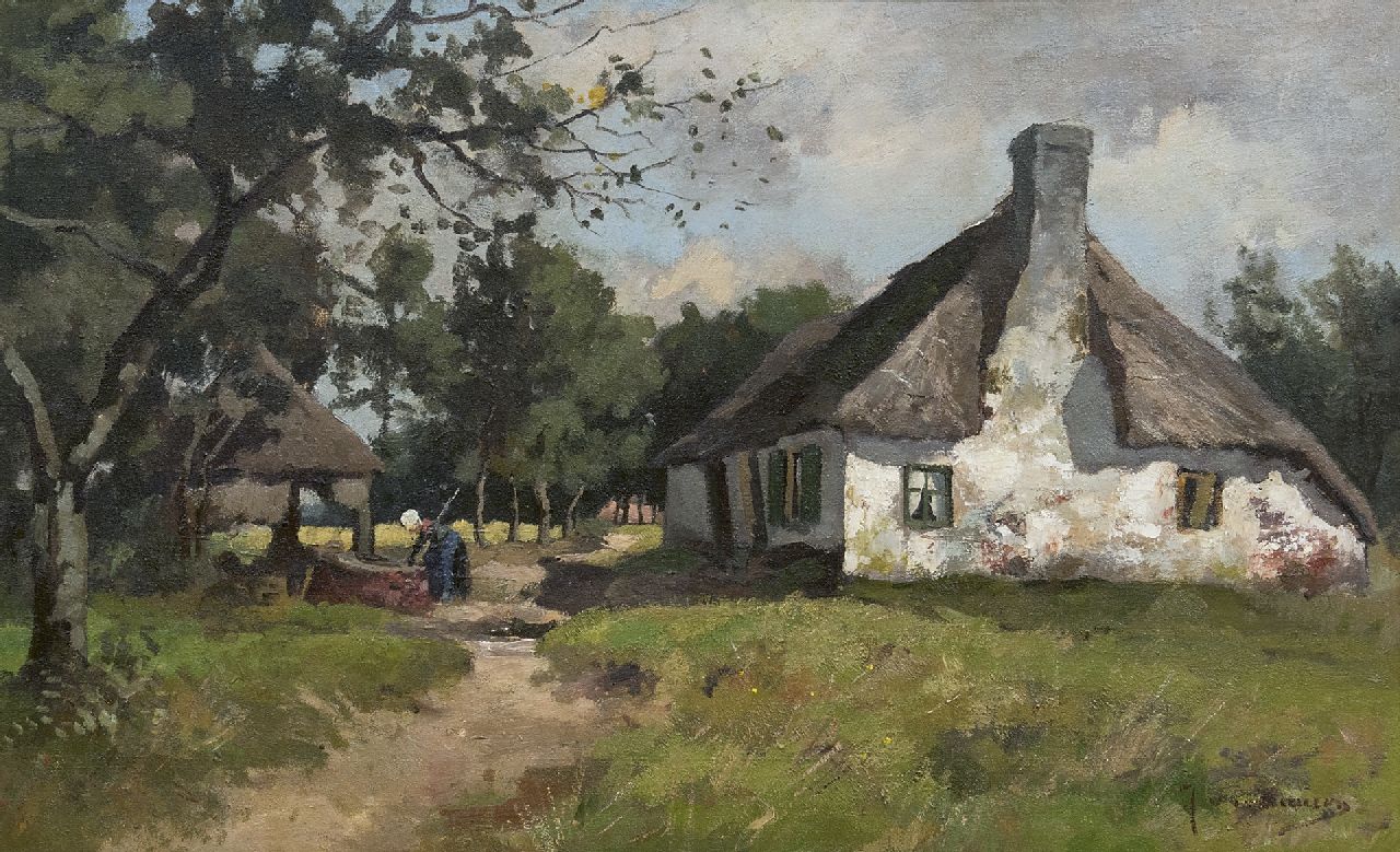 Vuuren J. van | Jan van Vuuren, Veluws zoomhuisje (locomotiefhuisje) met boerin aan het werk, olieverf op doek 42,3 x 67,8 cm, gesigneerd rechtsonder