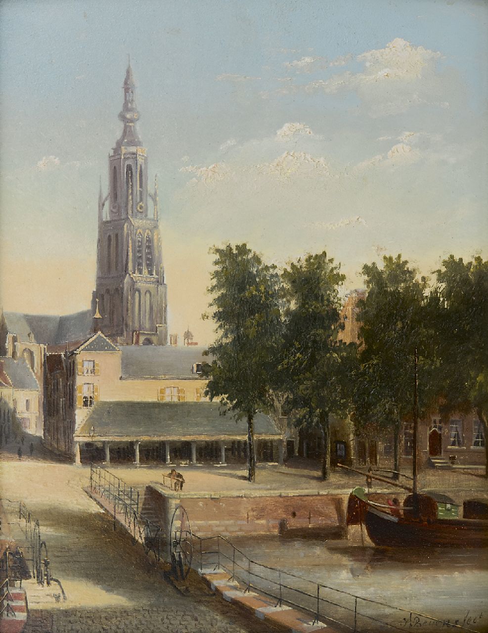 J. Beyens | Gezicht op de Hoge Brug, de riviervismarkt en de Grote Kerk in Breda, olieverf op paneel, 22,9 x 18,0 cm, gesigneerd r.o. en gedateerd 1882