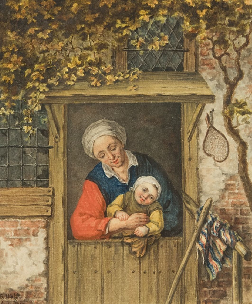 Wolff B.  | Benjamin Wolff | Aquarellen en tekeningen te koop aangeboden | Boerenvrouw met kind in een deuropening, aquarel op papier 14,2 x 12,3 cm, gesigneerd linksonder en gedateerd 1793