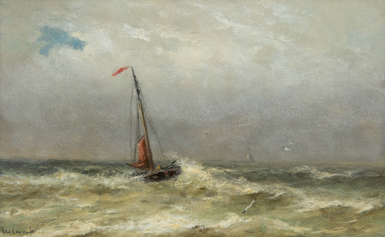 Laan G. van der | Gerard van der Laan | Schilderijen te koop aangeboden | Visser onder de kust, olieverf op paneel 20,1 x 32,5 cm, gesigneerd linksonder