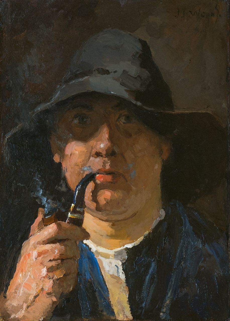 Weijns J.H.  | Jan Harm Weijns | Schilderijen te koop aangeboden | Zelfportret met pijp, olieverf op board 42,9 x 31,7 cm, gesigneerd rechtsboven